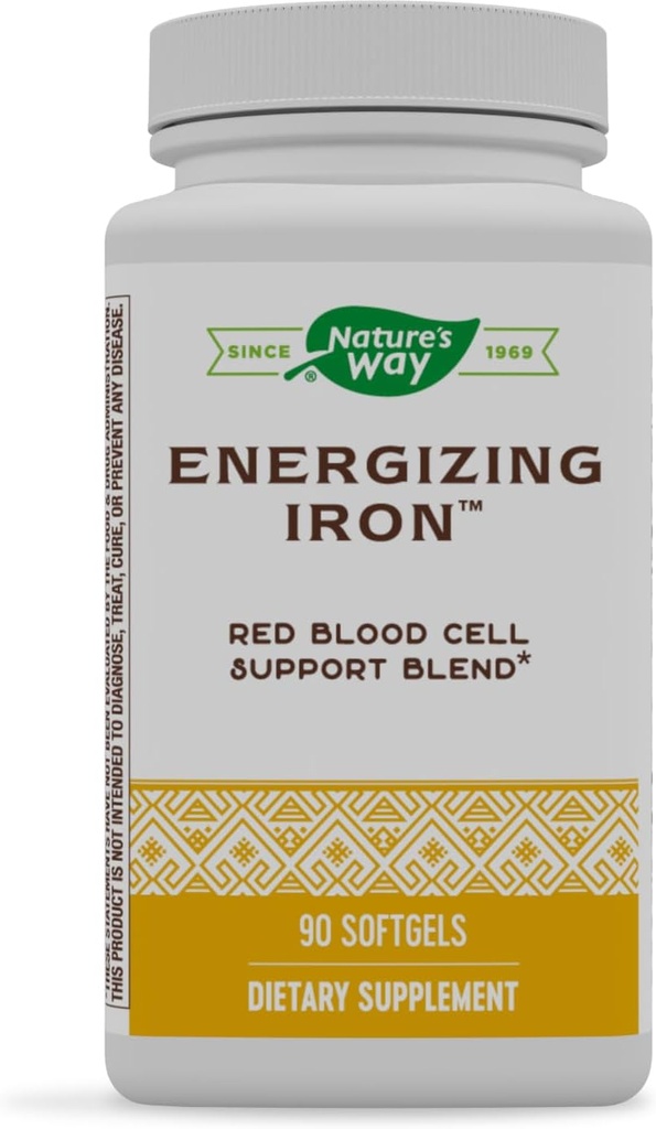 Nature's Way Energizing Iron - Red Blood Cell Support* - 8 mg Iron, -200 mcg Κυανοκοβαλαμίνη & Βιταμίνη Β12 ανά 2-Softgel Serving - Χωρίς γλουτένη - 90 Softgels