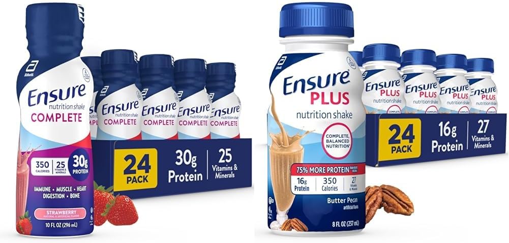 Ensure COMPLETE Nutrition Shake, 30g of Protein, Meal Replacement Shake, with Nutrients for Immune Health, Strawberry, 10 Fl Oz & Plus Butter Pecan Nutrition Shake, Meal Replacement Shake, 24 Pack