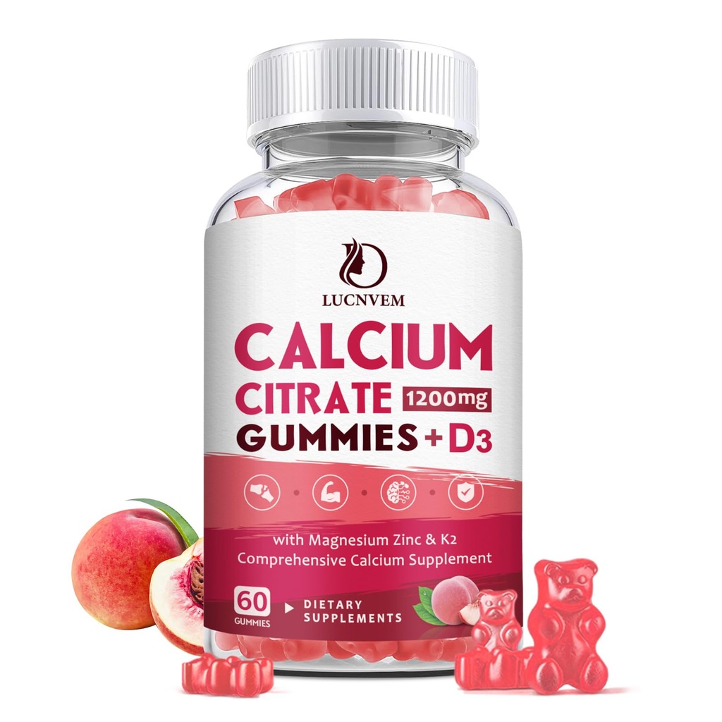 Ασβέστιο Citrate 1200mg με βιταμίνη D3 Gummies, Ασβέστιο Gummies με βιταμίνη D3 για γυναίκες & άνδρες, Καλ Μαγνήσιο Ψευδάργυρος για τους μυς των οστών Υγιής- Φυσικό Λευκό Ροδάκινο Γεύση - 30 ημέρες προσφοράς