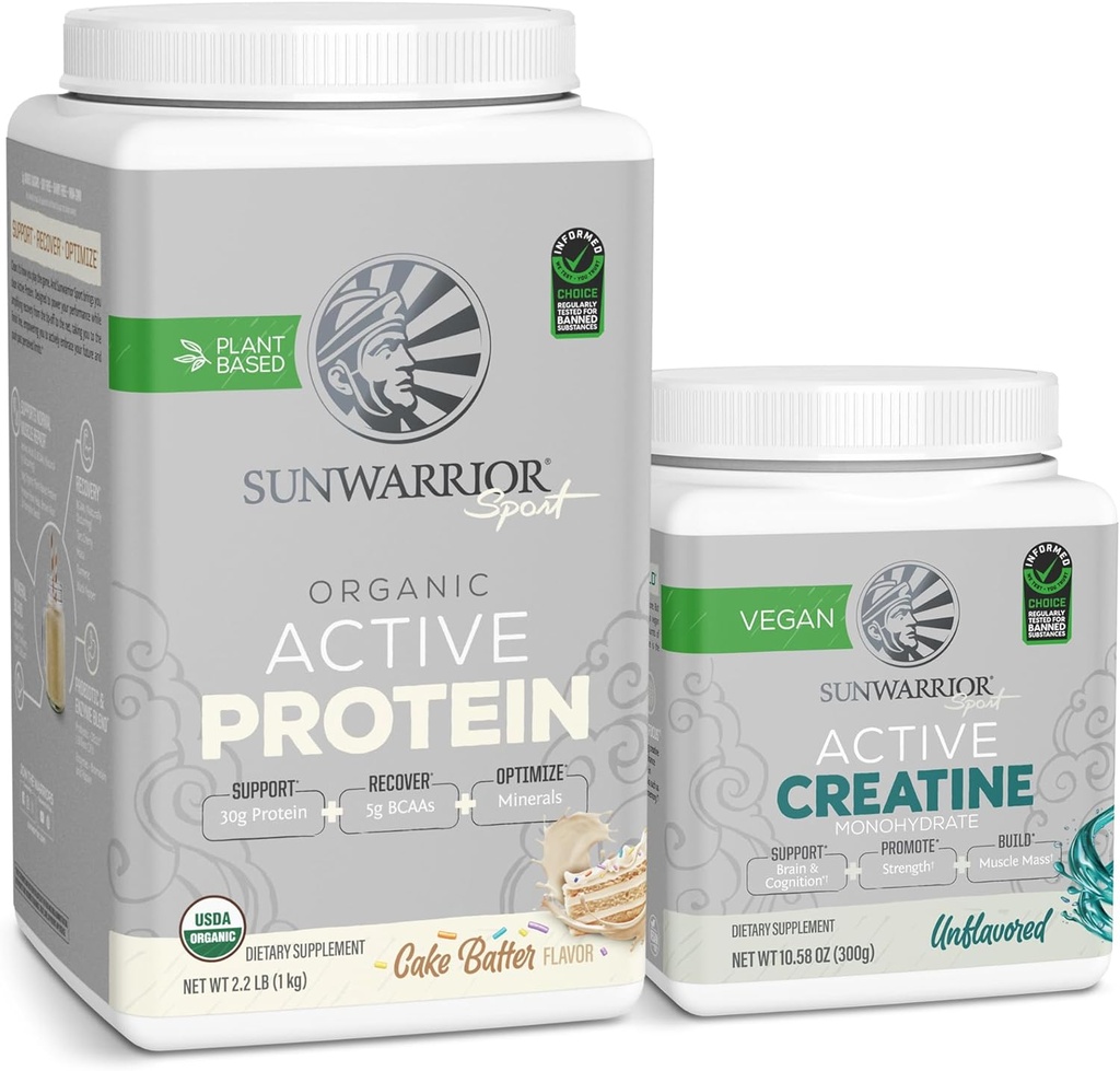 Sunwarrior Vegan Protein Powder USDA Organic | 20 Servings Cake Batter Flavored & Creatine Monohydrate Powder | 60 Servings Unflavored