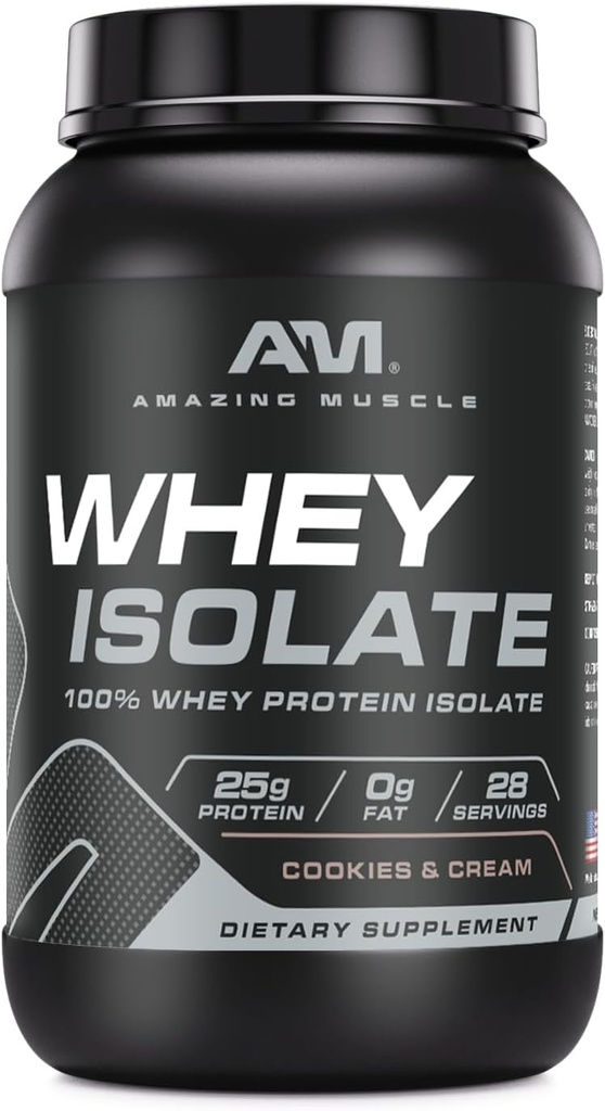 Amazing Muscle Whey Protein Isolate Powder | 25 Grams Protein Per Serving | 100% Whey Isolate | Zero Fat | Made in USA (2 Lb, Cookies & Cream)