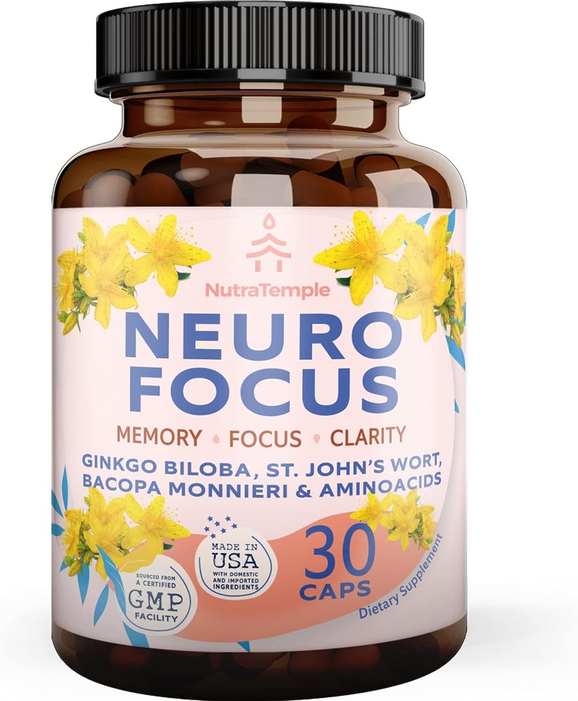 Brain Booster Gingko Biloba Supplement - Nootropics for Mind, Focus, Memory, Clarity with Bacopa Monnieri, St. Johns Wort - 30 κάψουλες τροφίμων εγκεφάλου
