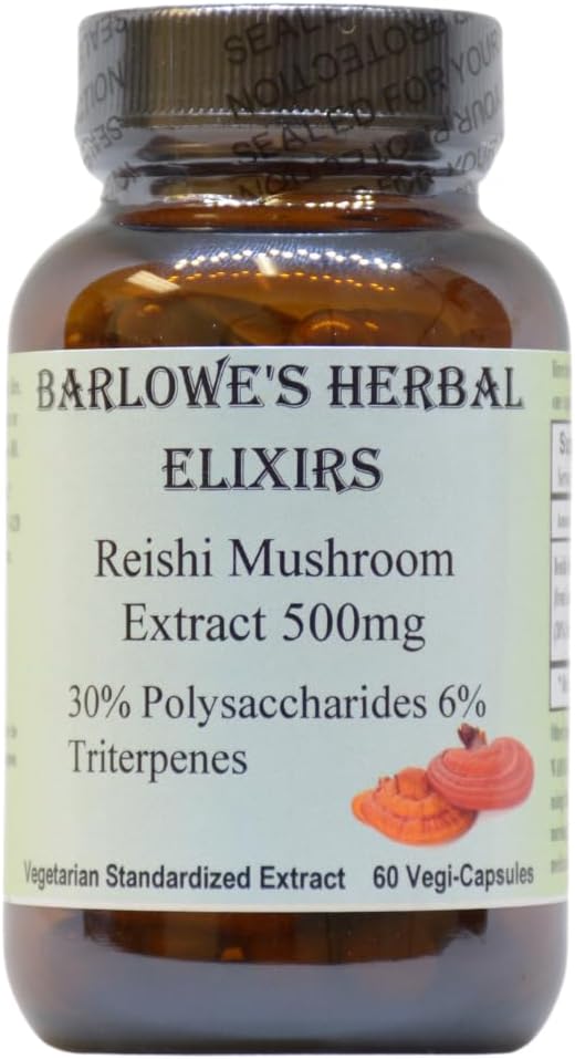 Barlowe's Herbal Elixirs Reishi Mushroom Extract Supplement | Red Reishi | Ganoderma Lucidum |30% Polysaccharides| 6% Triterpenes | 500mg | 60 Veggie Capsules
