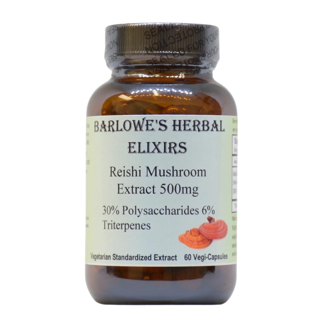 Barlowe's Herbal Elixirs Reishi Mushroom Extract Supplement | Red Reishi | Ganoderma Lucidum |30% Polysaccharides| 6% Triterpenes | 500mg | 60 Veggie Capsules