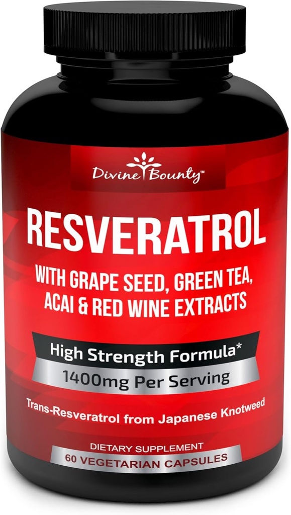 Συμπλήρωμα ρεσβερατρόλης - 1400mg Extra Strength Formula with Grape Seed Extract, Green Tea Extract, Red Wine Extract - 60 Veggie Κάψουλες
