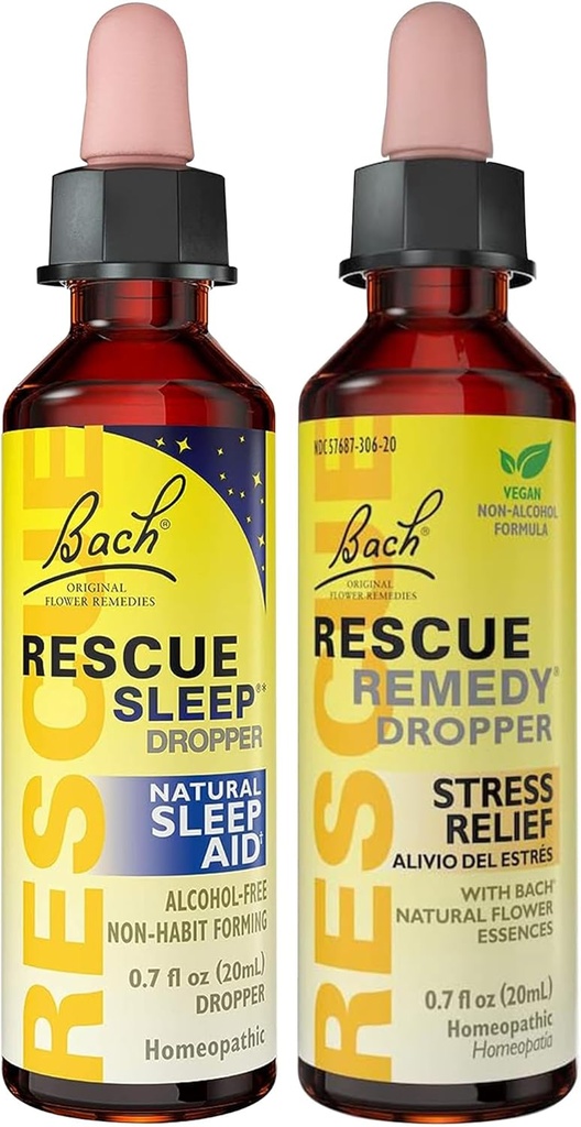 RESCUE Stress Relief & Sleep Support Bundle, Μη Αλκοόλες Φόρμουλες, Bach Remedy Dropper 20mL 2-Pack Sleep Dropper 20mL, Ομοιοπαθητικά Αποστάγματα Λουλούδι