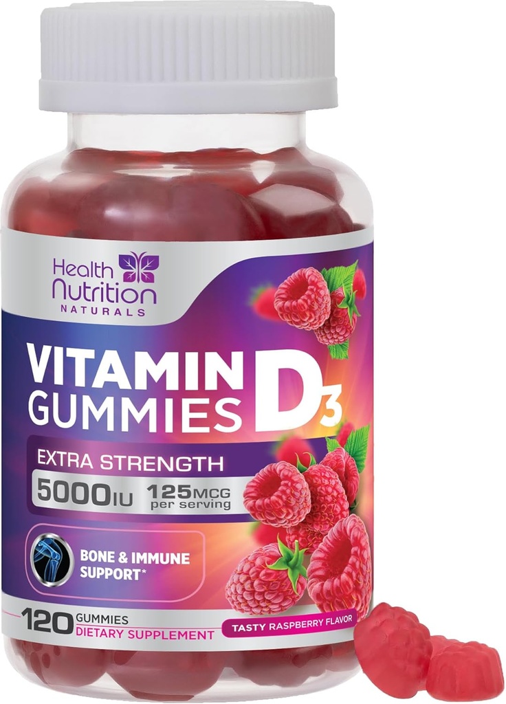 Βιταμίνη D3 Gummies 5000 IU (125 mcg) - Τριπλή Δύναμη Οστών και ανοσοποιητικών Υποστήριξη, Βιταμίνη D Gummy Συμπλήρωμα διατροφής, Berry D της φύσης συμπλήρωμα βιταμίνης, Βατόμουρο Γεύση, Μη-GMO - 120 Gummies