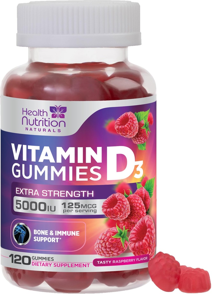 Βιταμίνη D3 Gummies 5000 IU (125 mcg) - Τριπλή Δύναμη Οστών και ανοσοποιητικών Υποστήριξη, Βιταμίνη D Gummy Συμπλήρωμα διατροφής, Berry D της φύσης συμπλήρωμα βιταμίνης, Βατόμουρο Γεύση, Μη-GMO - 120 Gummies