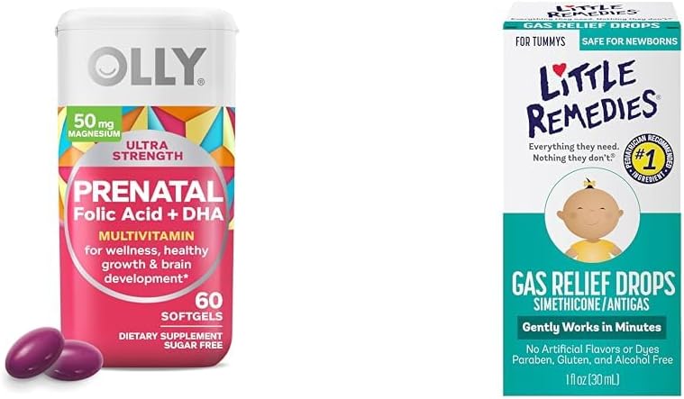 OLLY προγεννητική πολυβιταμίνη Softgels για υγιή εγκυμοσύνη + μικρές αναρρωτικές σταγόνες αερίου για τον πόνο στην κοιλιά του βρέφους, 60 μέτρα