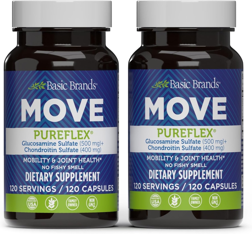 Βασικές Μάρκες - Μετακίνηση Pureflex Glucosamine Chondroitin - Κοινό συμπλήρωμα υποστήριξης για ευελιξία & κινητικότητα - 120 κάψουλες - 2-πακέτο