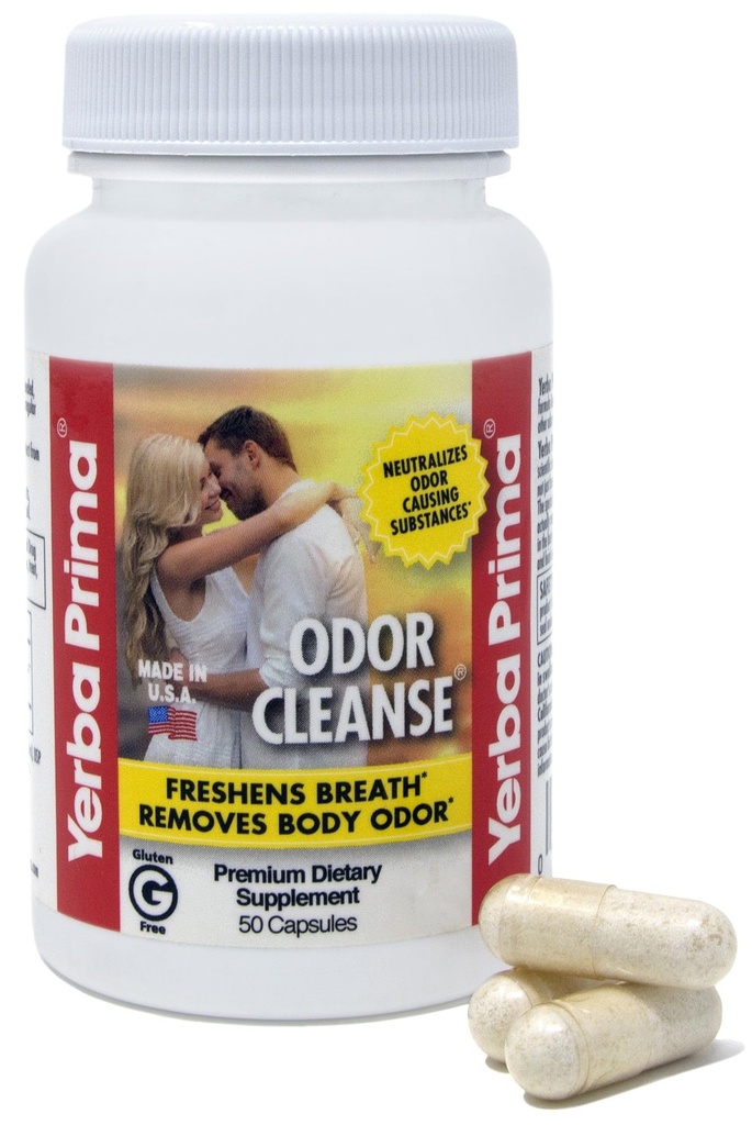 Yerba Prima Odor Cleanse 50 κάψουλες - Υποστηρίζει τη μείωση του σώματος Odor BO και της φρέσκιας αναπνοής - Μειώστε τις μυρωδιές σκόρδων πατενταρισμένο εκχύλισμα μανιταριών