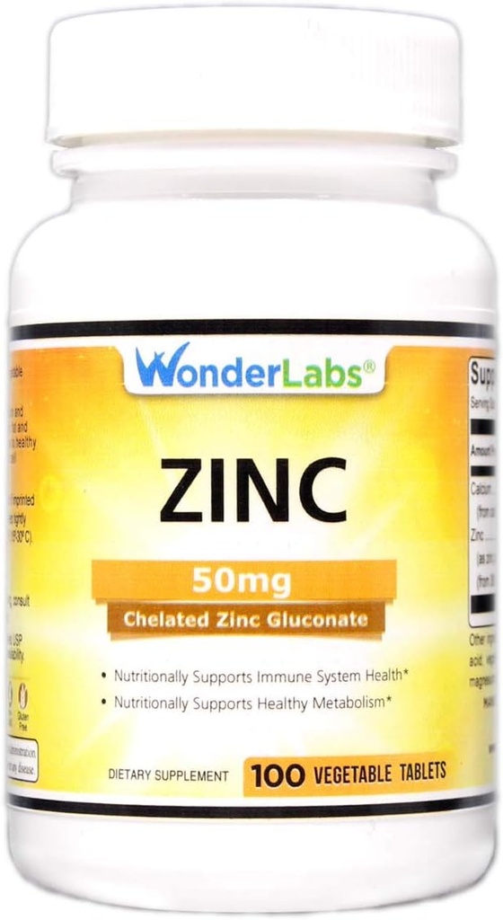 Wonder Laboratories Chelated Zinc Gluconate 50 mg - Supports Healthy Skin, Immune System, Cell Growth, and More - 100 Vegetarian Tablets