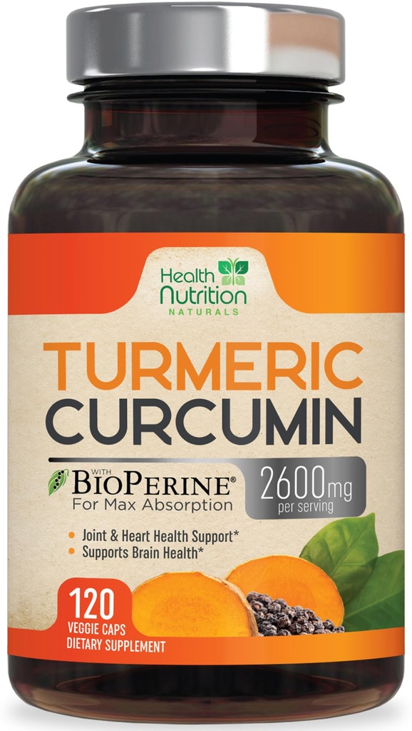 Turmeric Curcumin Supplement 2600mg - 95% Κουρκουμινοειδή με Βιολογικό Κουρκουμικό & BioPerine Μαύρο Πιπέρι για την Καλύτερη Απορρόφηση, Vegan Κοινή Υποστήριξη της Φύσης, Μη-GMO Tumeric, Εμφιαλωμένο στις ΗΠΑ - 120 Κάψουλες