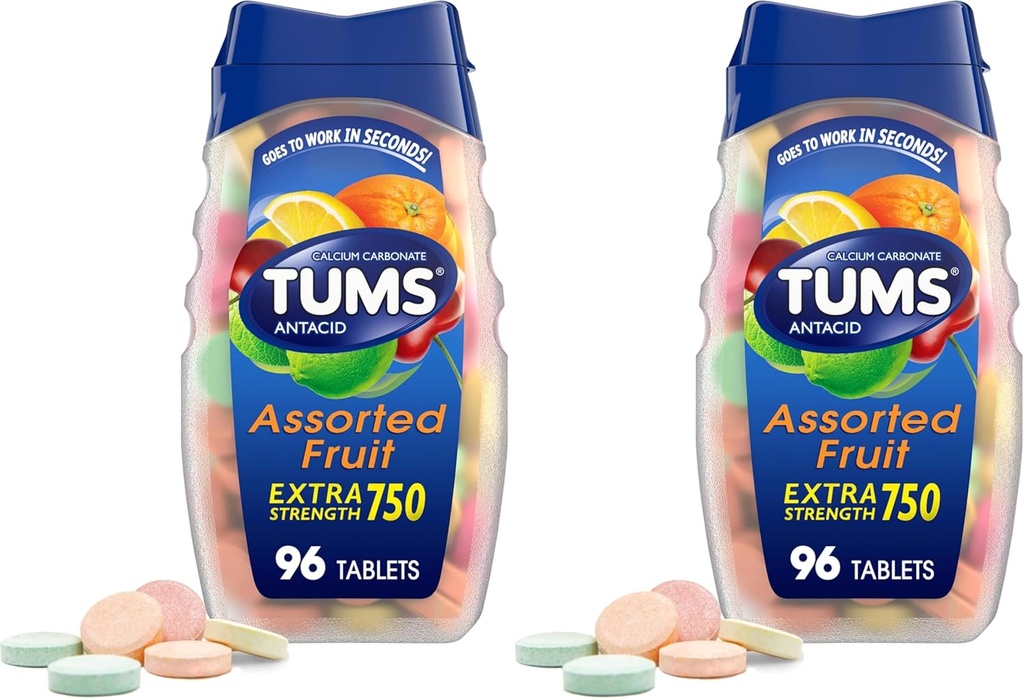 TUMS Extra Strength Antacid Tablets for Chewable Heartburn Relief and Acid Indigestion Relief, Assorted Fruit Flavors - 96 Count (Pack of 2)