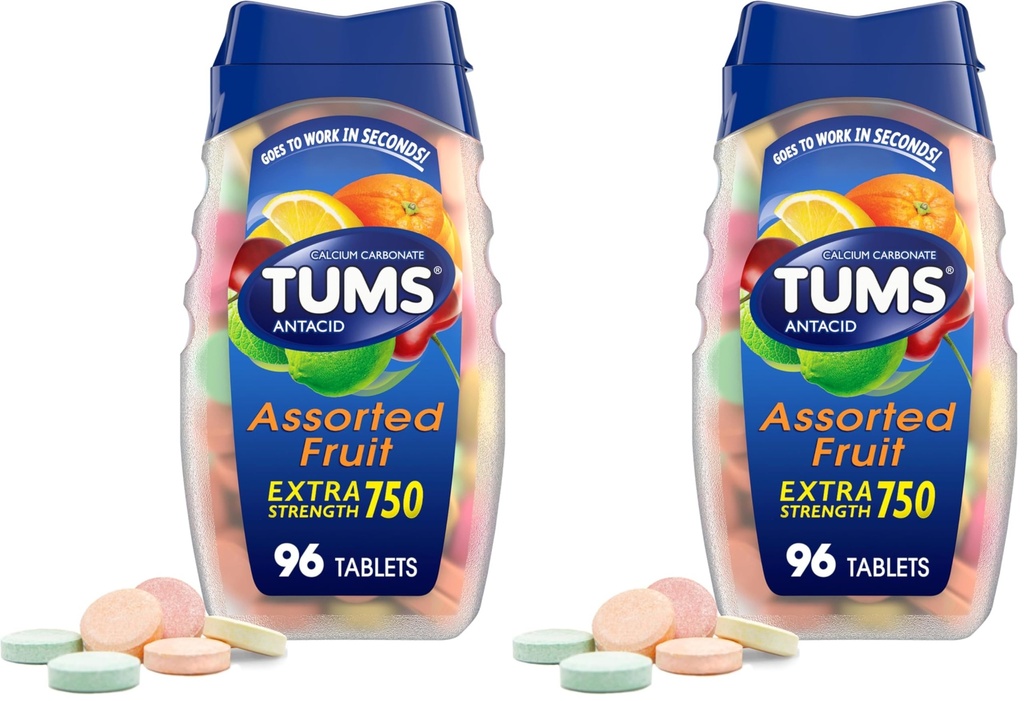 TUMS Extra Strength Antacid Tablets for Chewable Heartburn Relief and Acid Indigetion Relief, Ποικιλία Fruit Flavors - 96 Count (Pack of 2)