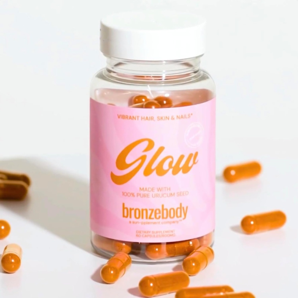 κάψουλες από μπρούντζο® GLOW Επιτάχυνση Tanning Vegan Vitamins A Tocotrienols Αντιοξειδωτικά Μελανίνη Collagen Urucum (ROUCOU, Annatto, Bixin, Urucu) φυτικό συμπλήρωμα Detox Free (60ct)