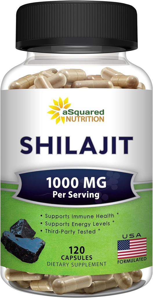 aSquared Nutrition Shilajit 1000mg - 120 κάψουλες - Pure Shilajit Extract Supplement and Powder Complex Pills - Φυσικό humic & Fulvic Acid & Trace Minerals - Εναλλακτική στη ρητίνη & σταγόνες