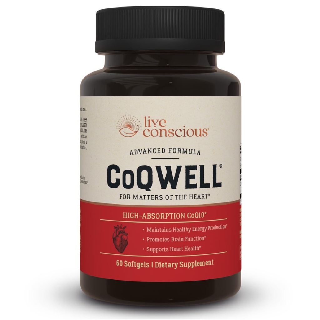 Live Consciious CoQWell - CoQ10 Καρδιά, εγκέφαλος, και αγγειώδης υποστήριξη υγείας, συνένζυμο Q10 Ubiquinone - 60 Softgels - 60 ημέρες προσφοράς
