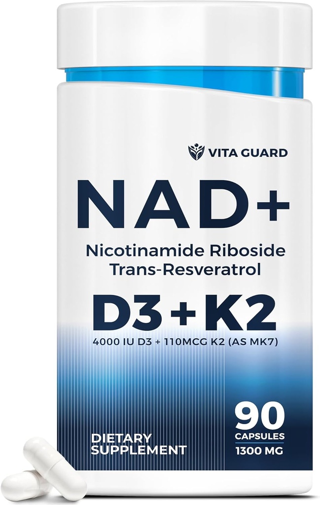 Anti-Aging Energy NAD Supplement – NMN Alternative with Nicotinamide Riboside 1000mg, Trans-Resveratrol 300mg, Vitamin D3 4000 IU and K2 110 mcg MK7 – Vegetarian 60 Capsules, 1300mg