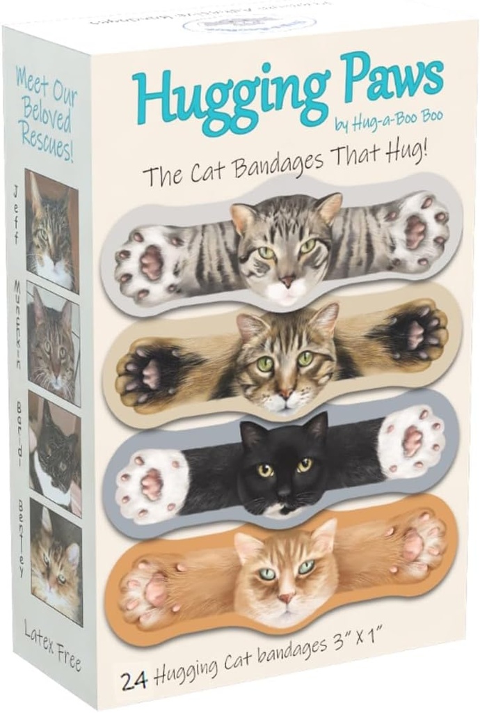 Hugging Paws – Cat Themed Bandages από το Hug-a-BooBoo, The Amazing Cat Bandages That Hug! Όμορφες γάτες Επιδέσμους με πίνακες γατών με πραγματικές γάτες διάσωσης!