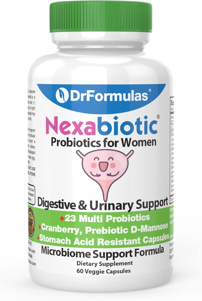 DrFormulas Cranberry Probiotics for Women Vaginal Health & Urinary Tract with Fiber Prebiotic & D Mannose | Nexabiotic Feminine Health, Vaginosis with Lactobacillus Acidophilus for Yeast, 60 Capsules