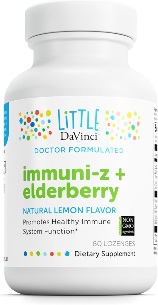 DAVINCI Little Immuni-z + Elderberry - Kids Zinc Lozenge to Support Immune Health, Healthy Lungs and Throat Tissue* - with Vitamin D3, Zinc, Elderberry and More - Lemon Flavor - 60 Lozenges