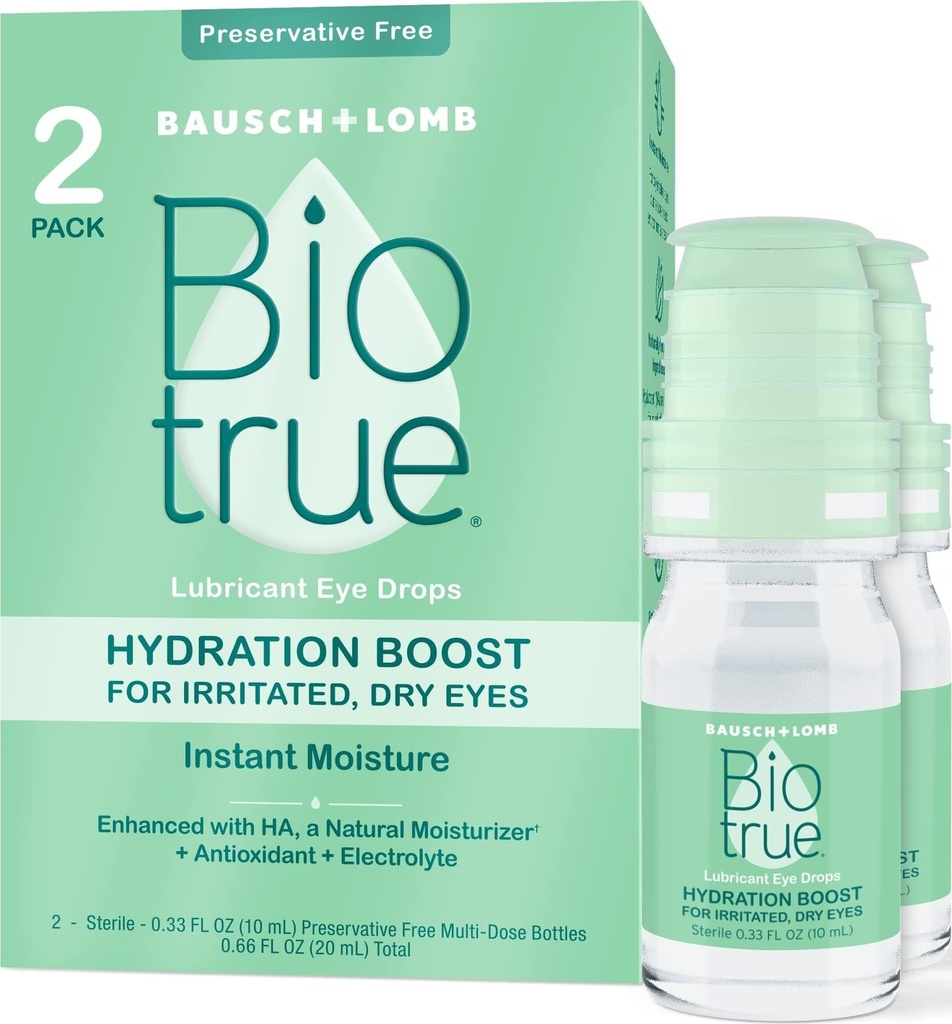 Biotrue Hydration Boost Preservative-Free Eye Drops 0.33 Fl oz 2 pack | Lubricating eye drops, contact lens friendly, instant hydration and moisture, preservative-free