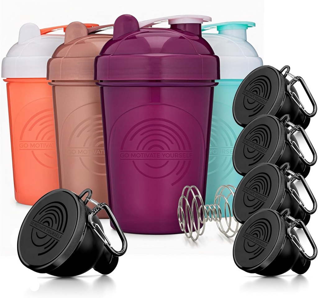 GOMOYO Fitness Bundle - 4-Pack Shaker Bottles with Agitator + 5-Pack Protein Funnels with Carabiner, BPA-Free & Dishwasher Safe