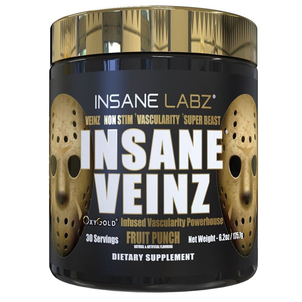 Insane Labz Insane Veinz Gold, Nitric Oxide Non Simulant πριν από την προπόνηση σκόνη, Φορτωμένο με Hydromax, Nitrosigine, Αυξάνει την αγγειότητα και τη ροή του αίματος, 30 Srvgs, Fruit Punch