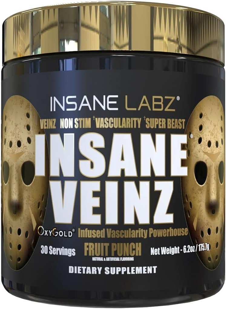 Insane Labz Insane Veinz Gold, Nitric Oxide Non Simulant πριν από την προπόνηση σκόνη, Φορτωμένο με Hydromax, Nitrosigine, Αυξάνει την αγγειότητα και τη ροή του αίματος, 30 Srvgs, Fruit Punch