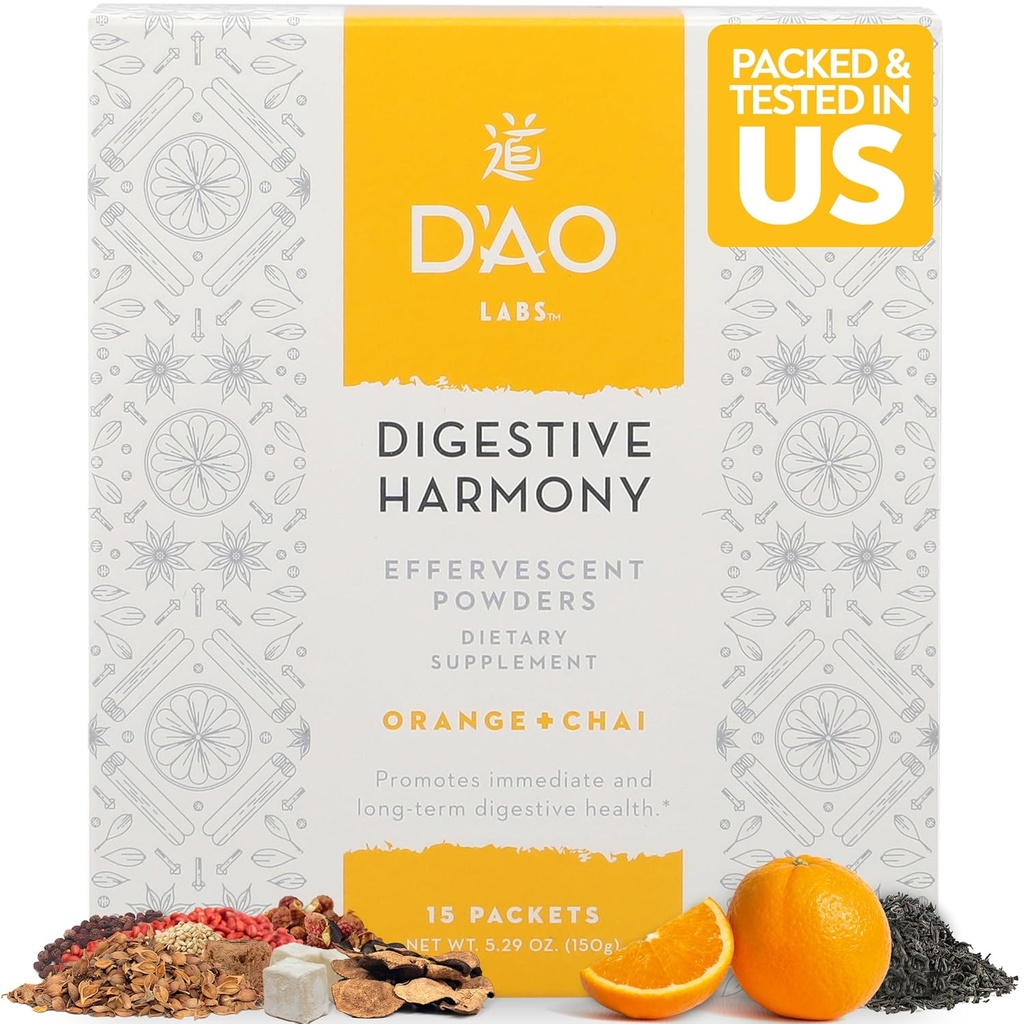 D'AO Labs Digestive Harmony - Βιολογικά Digestive Ένζυμα - Παραδοσιακά Κινέζικα Βότανα & Τσάι Σκόνη - Πορτοκαλί-Τσάι Γεύση - Διατήρηση της Αρμονίας Αφέψημα (Bao He Wan) - 15 Ατομικές Υπηρεσίες