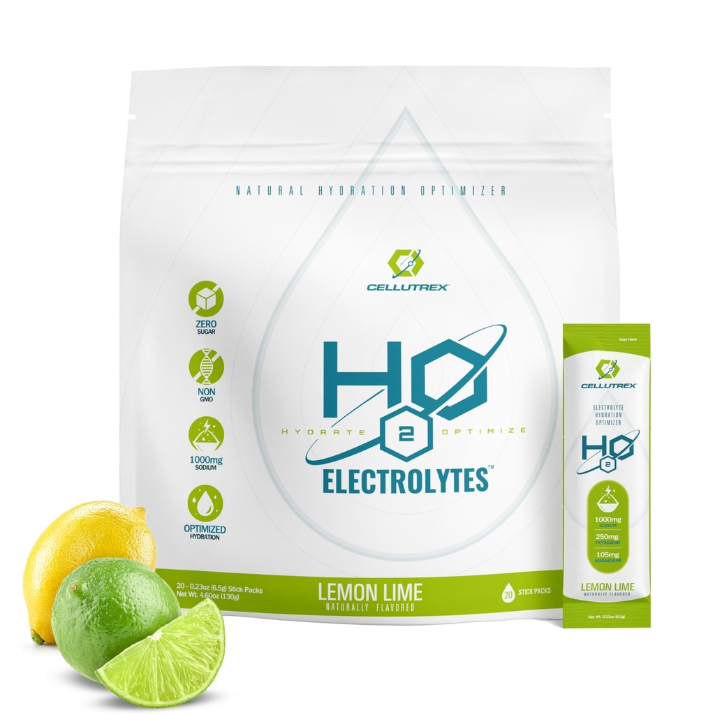 Ηλεκτρολύτες Cellutrex® H2O – Ηλεκτρολυτές Σκόνης Μείγμα, Μηδέν Ζάχαρη, Φυσικό Αλάτι Ενυδάτωση Πακέτα για Ανάκτηση και Ευεξία, Λεμόνι Lime, 20 Sticks