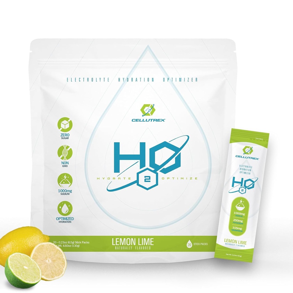 Ηλεκτρολύτες Cellutrex® H2O – Ηλεκτρολυτές Σκόνης Μείγμα, Μηδέν Ζάχαρη, Φυσικό Αλάτι Ενυδάτωση Πακέτα για Ανάκτηση και Ευεξία, Λεμόνι Lime, 20 Sticks