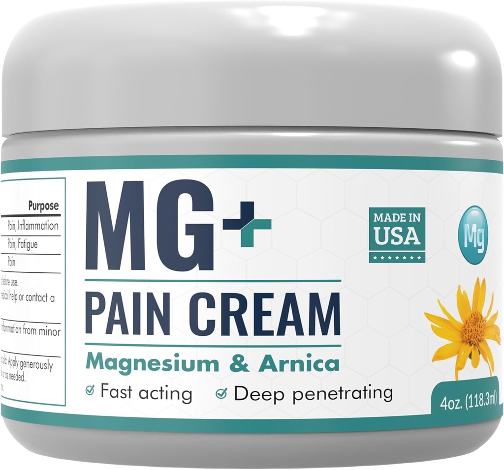 Mars Wellness MG+ Magnesium Cream Pain Relief - Extra Strength Magnesium and Arnica Cream - 4 OZ Tub - Νευροπάθεια, μυϊκός πόνος, και πόδια Cramps Relief - 1 συσκευασία