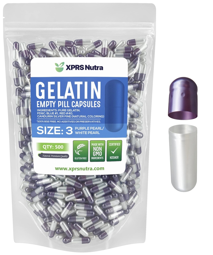 XPRS Nutra Μέγεθος 3 Κενές κάψουλες - 500 Count Empty Gelatin Κάψουλες - Χάπια DIY Καψάκιο Γέμισμα - Αγνά καπάκια τζελ για τα χάπια των βοοειδών Γέμισμα Do-It-Yourself Βιταμίνες και συμπληρώματα (Pearl Purple/White)