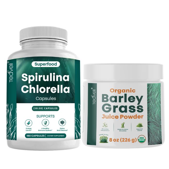 Teaveli Spirulina Chlorella Κάψουλες και σκόνη χυμού κριθαριού