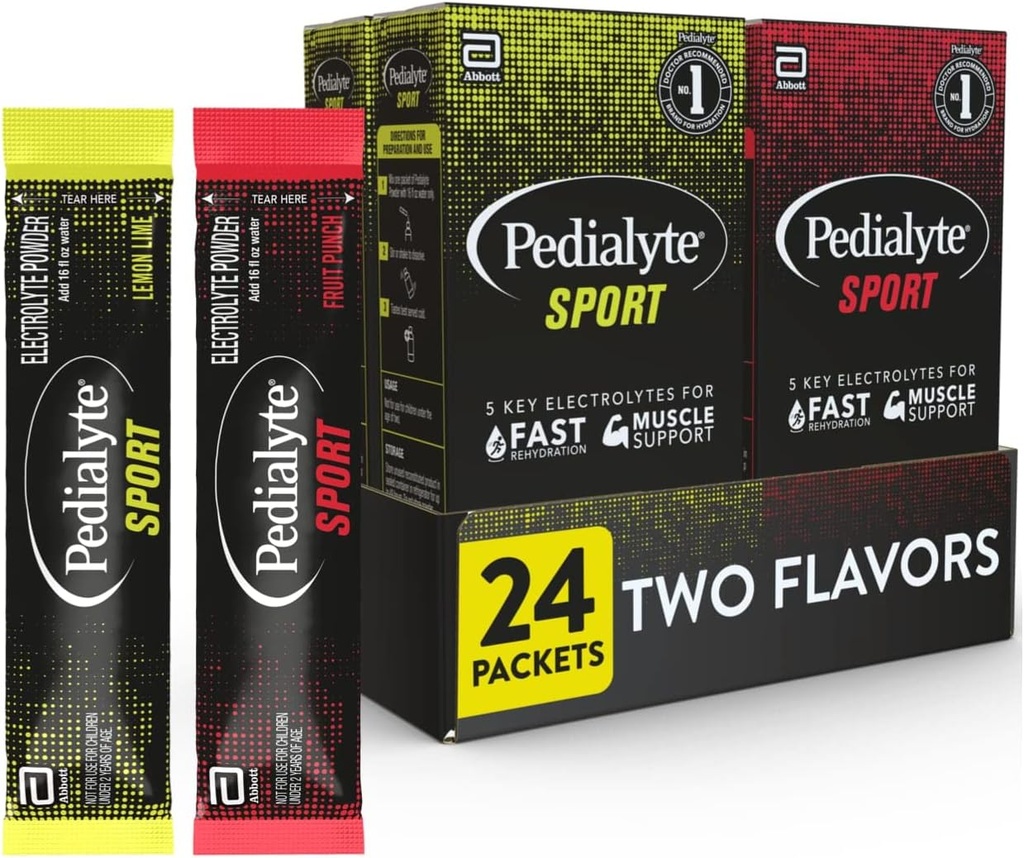 Pedialyte Sport Ηλεκτρολύτης σκόνη, γρήγορη ενυδάτωση με 5 κλειδιά ηλεκτρολύτες για την υποστήριξη μυών πριν, κατά τη διάρκεια, & μετά την άσκηση, 12 λεμόνι Lime & 12 Punch φρούτων, 0.49-oz πακέτα (24 κόμης)