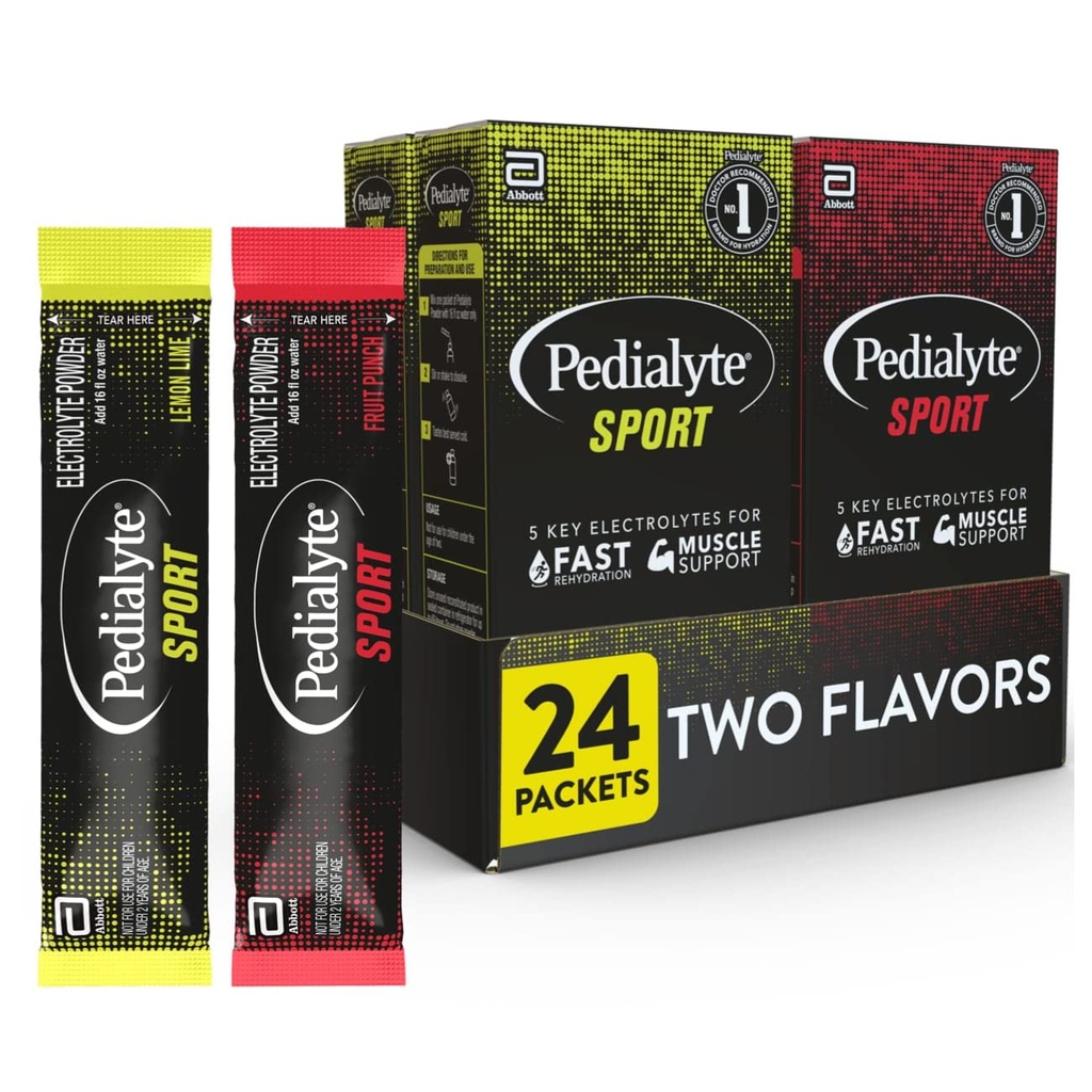 Pedialyte Sport Ηλεκτρολύτης σκόνη, γρήγορη ενυδάτωση με 5 κλειδιά ηλεκτρολύτες για την υποστήριξη μυών πριν, κατά τη διάρκεια, & μετά την άσκηση, 12 λεμόνι Lime & 12 Punch φρούτων, 0.49-oz πακέτα (24 κόμης)