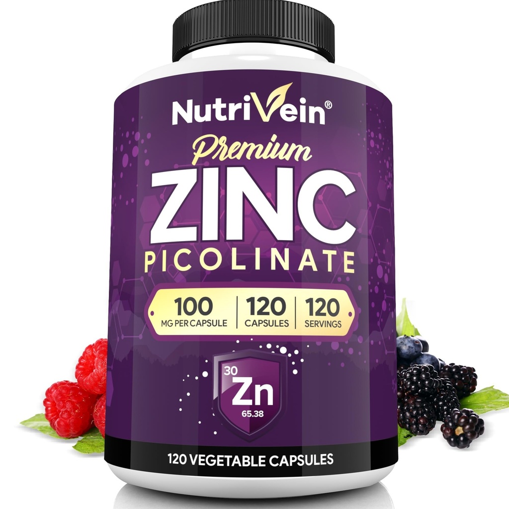 Nutrivein Premium Ψευδάργυρος Picolinate 100mg - 120 Κάψουλες για Ενήλικες: Υψηλής Απορρόφησης Ψευδάργυρος Picolinate Συμπληρώματα - Απαραίτητη Νόση για τη Συνολική Ευεξία - Μέγιστη Βιοδιαθεσιμότητα