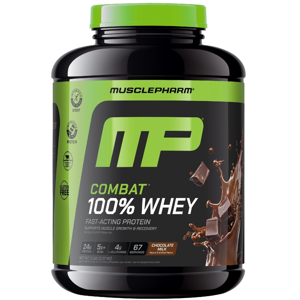 Muspharm Combat 100% Whey Protein Powder, Σοκολάτα Γάλα, γρήγορη ανάκτηση & μυϊκή αύξηση με Whey Isolate, Υψηλή πρωτεΐνη σκόνη για γυναίκες & άνδρες, χωρίς γλουτένη, 5lb, 67 εξυπηρετούν