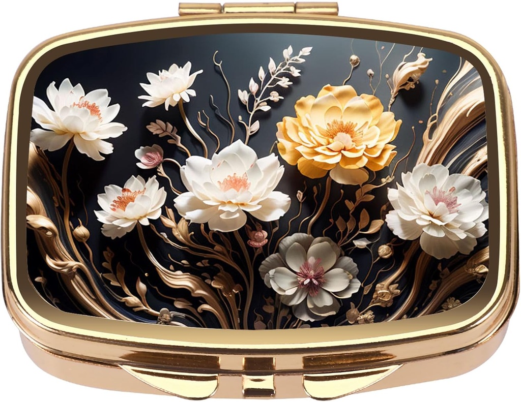 Dynippy κουτί χάπι περίπτωση με καθρέφτη Retro Pocket 2 συσκευασία ιατρική περίπτωση χάπια βιταμίνης για το πορτοφόλι τσέπης και τα ταξίδια (χρυσό-λουλούδι 1)