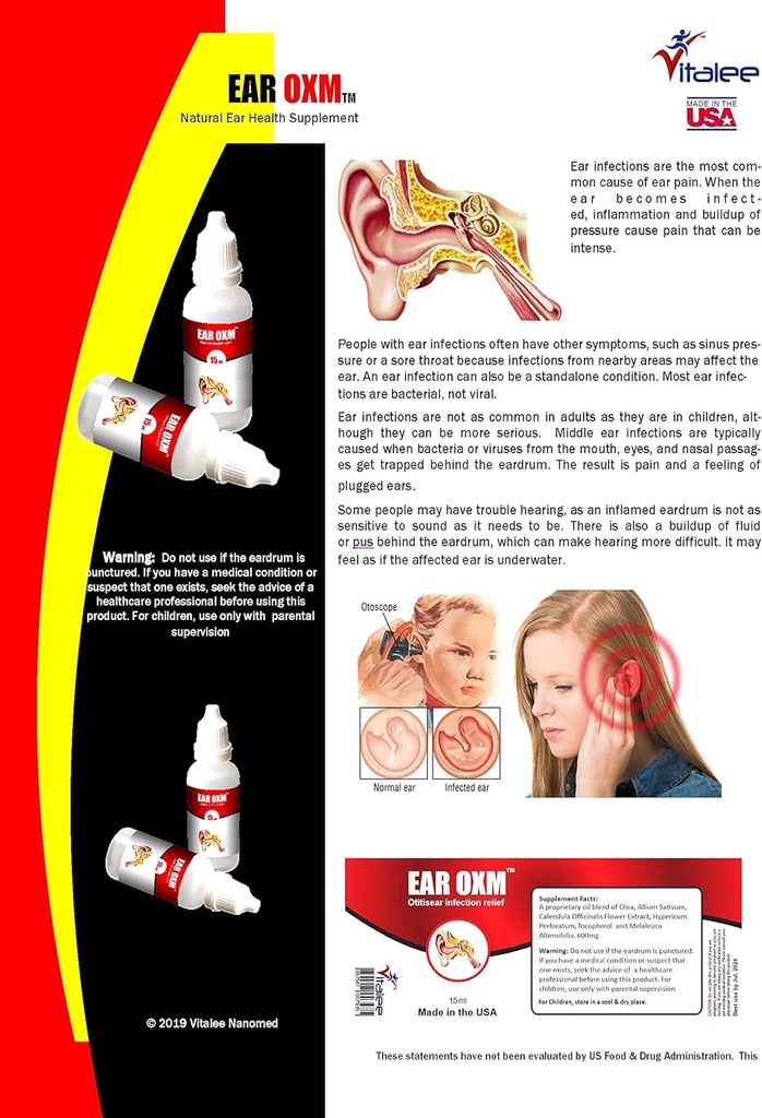 Ear OXM- Natural Ear Aches & Infection Drops (1 Bottle,15 ml)