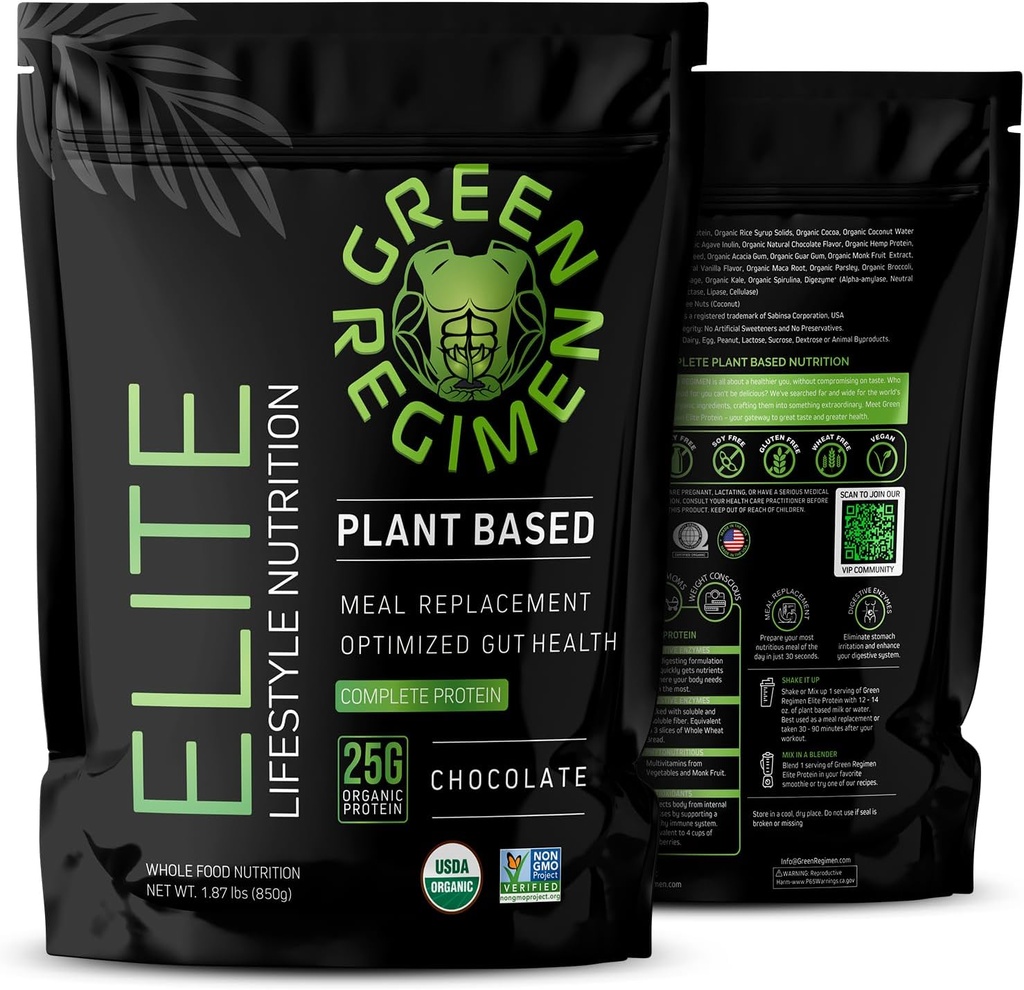 Green Regimen Elite φυτικής πρωτεΐνης σε σκόνη - 25g Πλήρης πρωτεΐνη κάνναβης & μπιζέλι, Αντικατάσταση γεύματος υψηλής πρωτεΐνης Vegan Shake, NonGMO, χωρίς γλουτένη, χωρίς γαλακτοκομικά - (Chocolate - 1 μήνας εφοδιασμού)