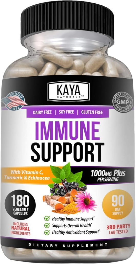 Kaya Naturals Υποστήριξη του ανοσοποιητικού συστήματος Elderberry με ψευδάργυρο και βιταμίνη C για ενήλικες, προβιοτικά & κουρκουμάς 1000mg Booster ανοσοποιητικό σύστημα Sambucus Elderberry κάψουλες - 180 Count