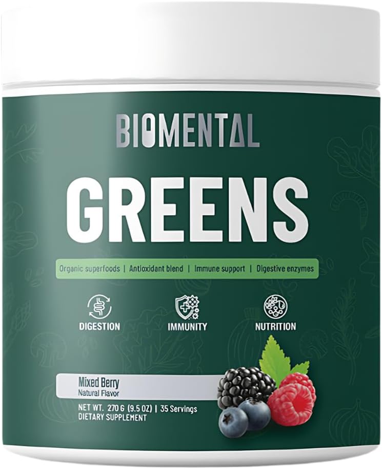 Biomental Greens Supplement-Berrys-Detox - Digestive Health, Antioxidant Blend, Greens Powder - Premium Green Immune Support Nutritional Supplement - Υποστήριξη στα έντερα για άνδρες και γυναίκες 9,5 oz