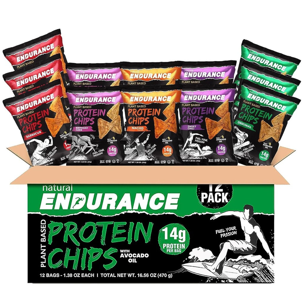 Natural Endurance Protein Chips - Low Carb Chips, High Protein Snack, Vegan Protein with Avocado Oil, 14g Protein Per Bag, Gluten Free, Nacho, BBQ, Chili, Birthday Cake, Original - Variety Pack, 1.38 oz Bags (Pack of 12)
