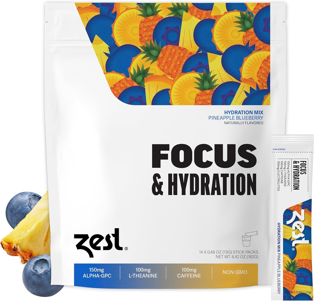 Zest Focus & Productivity Energy Drink – Pineapple Blueberry Clean Energy Powder Packets με 100 mg καφεΐνη, L-Θεανίνη & 150 mg Alpha GPC Nootropics – Χαμηλή ζάχαρη ηλεκτρολύτες για Μνήμη – 14 Sticks
