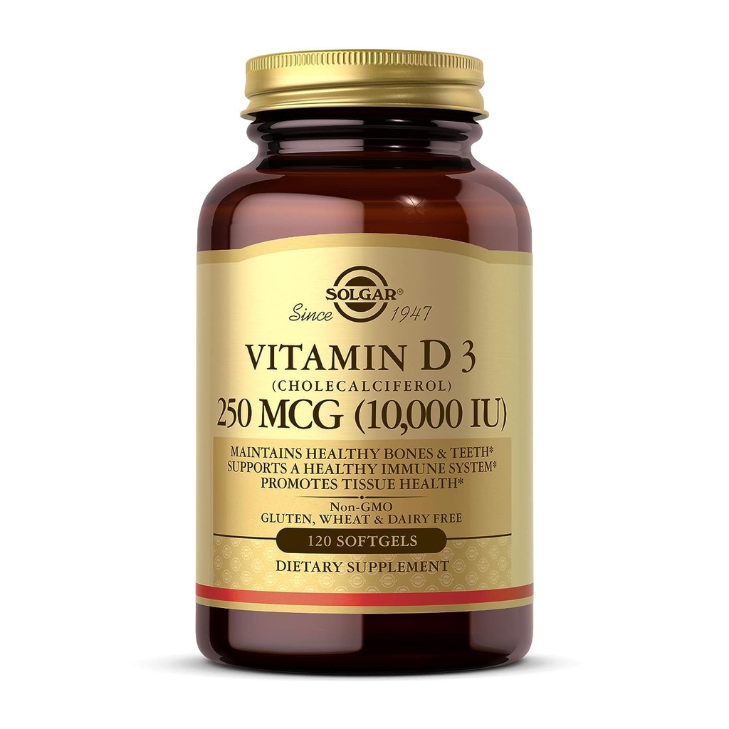 Solgar Vitamin D3 (Cholecalciferol) 250 MCG (10.000 IU), 120 Softgels - Βοηθά στη διατήρηση των υγιών οστών & δοντιών - Υποστήριξη ανοσοποιητικού συστήματος - Μη ΓΤΟ, Γλουτένη / Γαλακτοκομικά Χωρίς - 120 Μερίδες