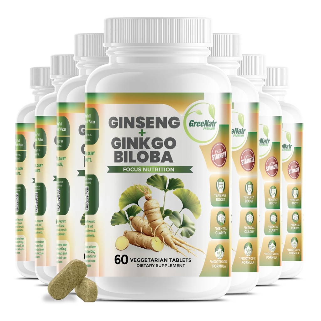 GreeNatr Ginko Biloba & Panax Ginseng Supplement - Red Ginseng Brain Supplement for Memory and Focus - Ginkgo Biloba Supplements for Good Vision, Immune System and Improved Blood Flow - 12 Bottles