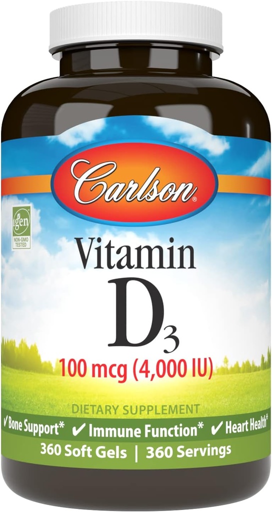 Carlson - Βιταμίνη D3 4000 IU (100 mcg), Ανοσολογική Υποστήριξη, Υγεία των οστών, Μυική Υγεία, Χοληκαλσιφερόλη, συμπληρώματα βιταμίνης D, Βιταμίνη D3 Soft Gels, 360 Softgels